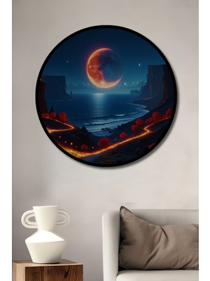 Çerçeve Görünümlü Kızıl Dolunay Sahili Yağlı Boya Görünümlü Dekoratif Ahşap Ofis Yuvarlak Tablo