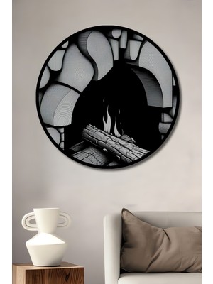 Çerçeve Görünümlü Kara Kalem Şömine Başı Odun Ateşi Ev/işyeri/ofis Dekoratif Ahşap Yuvarlak Tablosu