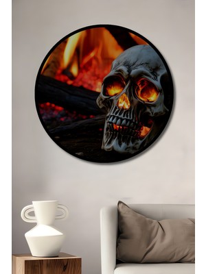 Çerçeve Görünümlü Korkunç Alev Kafatası Yağlı Boya Görünümlü Dekoratif Ahşap Ofis Yuvarlak Tablo