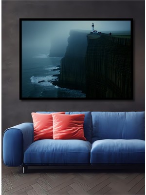 Çerçeve Görünümlü Sisli Deniz Feneri Manzaralı Dekoratif Ahşap Ev/işyeri/ofis Kare Tablo