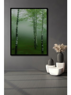 Çerçeve Görünümlü Sisli Huş Ormanı Yağlı Boya Görünümlü Dekoratif Ahşap Ev/işyeri/ofis Kare Tablo