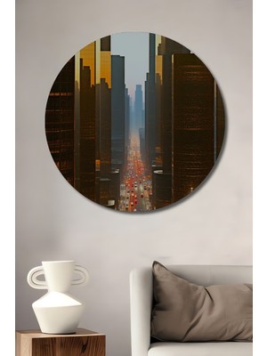 Altın Şehir Işıkları Yağlı Boya Görünümlü Dekoratif Ahşap Ev/işyeri/ofis Yuvarlak Tablo