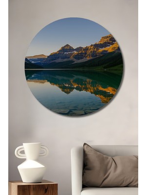 Dağ Gölünün Huzurlu Yansıması Yağlı Boya Görünümlü Dekoratif Ahşap Ev/işyeri/ofis Yuvarlak Tablo