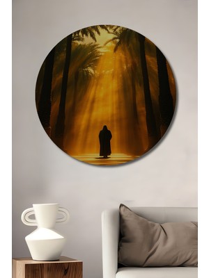 Altın Palmiye Işıkları Yağlı Boya Görünümlü Dekoratif Ahşap Ev/işyeri/ofis Yuvarlak Tablo