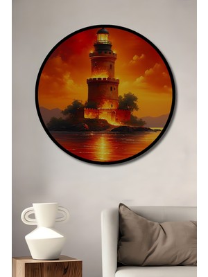 Çerçeve Görünümlü Kızıl Deniz Feneri Yağlı Boya Görünümlü Dekoratif Ahşap Ofis Yuvarlak Tablo