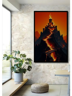 Çerçeve Görünümlü Alevler Içindeki Kale Yağlı Boya Görünümlü Dekoratif Ahşap Işyeri/ofis Kare Tablo