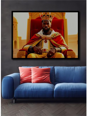 Çerçeve Görünümlü Tahtında Oturan Kral Yağlı Boya Görünümlü Dekoratif Ahşap Işyeri/ofis Kare Tablo