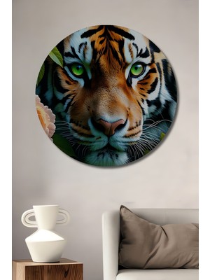 Yeşil Gözlü Kaplan ve Gül Yağlı Boya Görünümlü Dekoratif Ahşap Ev/işyeri/ofis Yuvarlak Tablo