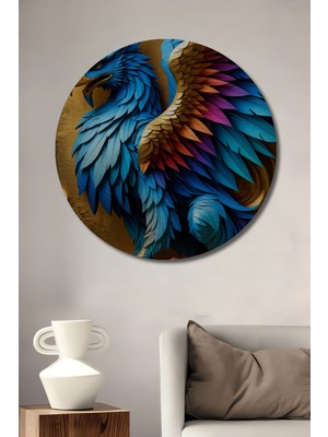 Altın Dokulu Mavi Phoenix Kuşu Yağlı Boya Görünümlü Dekoratif Ahşap Ev/işyeri/ofis Yuvarlak Tablo