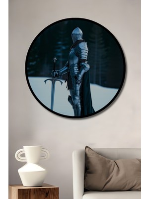 Çerçeve Görünümlü Zırhlı Şövalye Kılıcıyla Kar Manzarası Yağlı Boya Görünümlü Ahşap Ofis Tablo