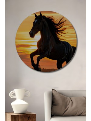 Gün Batımı Asaleti Yağlı Boya Görünümlü At Ev/işyeri/ofis Dekoratif Ahşap Yuvarlak Tablo