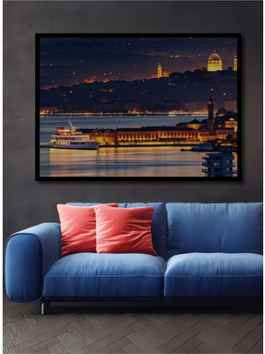 Çerçeve Görünümlü Istanbul Boğazı Gece Işıkları Yağlı Boya Görünümlü Ahşap Ofis Kare Tablo