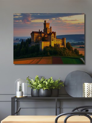 Masalsı Şato Yağlı Boya Görünümlü Dekoratif Ahşap Ev/işyeri/ofis Kare Tablo