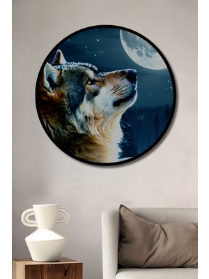 Çerçeve Görünümlü Dolunayda Uluyan Kurt Yağlı Boya Görünümlü Dekoratif Ahşap Ofis Yuvarlak Tablo