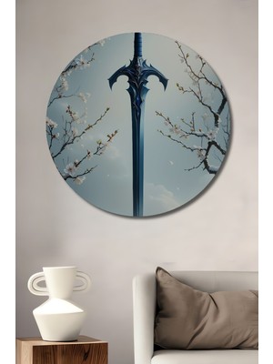 Epik Kılıç Sakura Ağacı Yağlı Boya Görünümlü Ev/işyeri/ofis Dekoratif Ahşap Yuvarlak Tablo