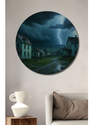 Fırtınalı Köy Yağlı Boya Görünümlü Dekoratif Ahşap Ev/işyeri/ofis Yuvarlak Tablo