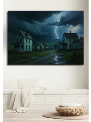 Fırtınalı Köy Yağlı Boya Görünümlü Dekoratif Ahşap Ev/işyeri/ofis Kare Tablo