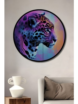 Çerçeve Görünümlü Neon Leopar Yağlı Boya Görünümlü Dekoratif Ahşap Ev/işyeri/ofis Yuvarlak Tablo