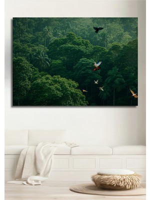 Tropikal Orman Kuşları Yağlı Boya Görünümlü Dekoratif Ahşap Ev/işyeri/ofis Kare Tablo