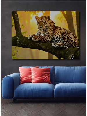 Ağaç Dalında Yağlı Boya Görünümlü Leopar Ev/işyeri/ofis Dekoratif Ahşap Kare Tablo