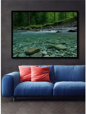 Çerçeve Görünümlü Berrak Nehir Manzarası Yağlı Boya Görünümlü Dekoratif Ahşap Ofis Kare Tablo