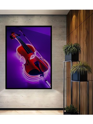 Çerçeve Görünümlü Neon Işıklı Keman Dekoratif Ahşap Ev/işyeri/ofis Kare Tablo