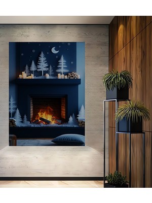 Noel Ağaçları ve Şömine Yağlı Boya Görünümlü Ev/işyeri/ofis Dekoratif Ahşap Kare Tablo