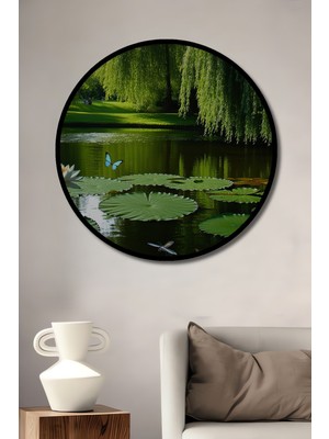 Çerçeve Görünümlü Huzurlu Nilüfer Bahçesi Yağlı Boya Görünümlü Ofis Dekoratif Ahşap Yuvarlak Tablo
