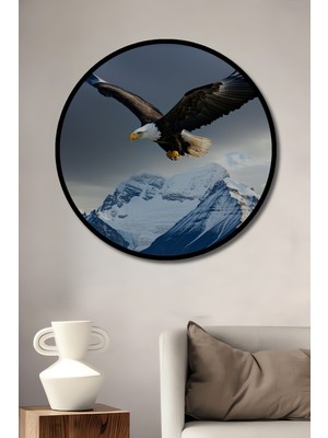 Çerçeve Görünümlü Heybetli Kartalın Dağ Uçuşu Yağlı Boya Görünümlü Ahşap Ofis Yuvarlak Tablo