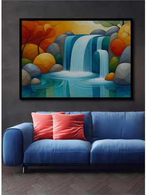 Çerçeve Görünümlü Modern Şelale Manzarası Yağlı Boya Görünümlü Dekoratif Ahşap Ofis Kare Tablo