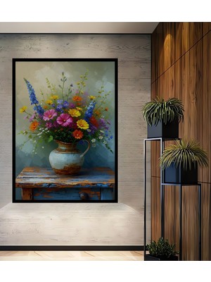 Çerçeve Görünümlü Vazoda Çiçekler Yağlı Boya Görünümlü Dekoratif Ahşap Dekoratif Ofis Kare Tablo