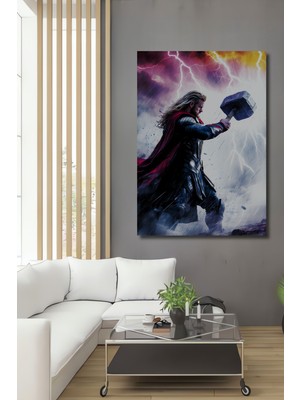Thor Çekiç Fırtına Yağlı Boya Görünümlü Dekoratif Ahşap Ev/işyeri/ofis Kare Tablo