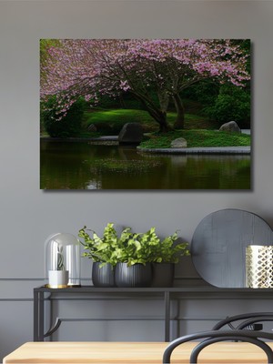 Sakura Ağaçları ve Gölet Pastel Boya Görünümlü Dekoratif Ahşap Ev/işyeri/ofis Kare Tablo
