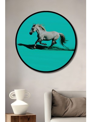 Çerçeve Görünümlü Turkuaz Zemin Üzerinde Koşan Beyaz At Yağlı Boya Görünümlü Ahşap Ofis Tablo