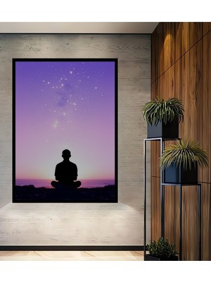 Çerçeve Görünümlü Mor Meditasyon Yıldızlar ve Insan Silüeti Dekoratif Ahşap Işyeri/ofis Kare Tablo