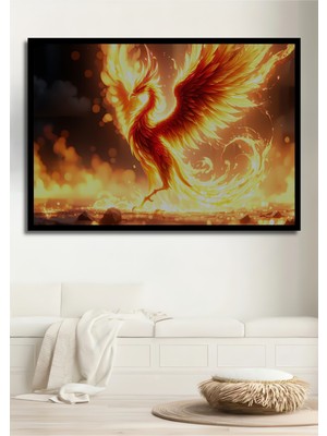 Çerçeve Görünümlü Alevden Doğan Phoenix Yağlı Boya Görünümlü Dekoratif Ahşap Işyeri/ofis Kare Tablo