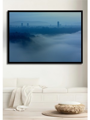 Çerçeve Görünümlü Sis Denizinde Yükselen Şehir Yağlı Boya Görünümlü Dekoratif Ahşap Ofis Kare Tablo