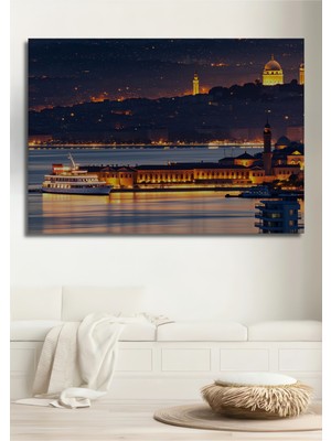 Istanbul Boğazı Gece Işıkları Yağlı Boya Görünümlü Dekoratif Ahşap Ev/işyeri/ofis Kare Tablo