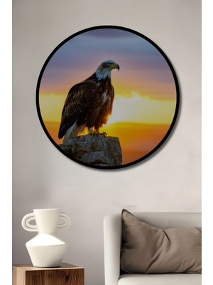Çerçeve Görünümlü Gün Batımı Kartalı Yağlı Boya Görünümlü Dekoratif Ahşap Ofis Yuvarlak Tablo