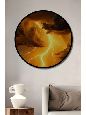 Çerçeve Görünümlü Altın Sarısı Şimşek Fırtınası Yağlı Boya Görünümlü Ahşap Ofis Yuvarlak Tablo