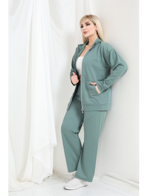 Şuranur Kadın Büyük Beden Fermuarlı Uzun Kollu Eşofman Takım Düz Dokuma Kumaş İnce Stil