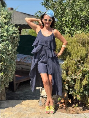 NC13179 Italyan Keten Şortlu Takım Lacivert