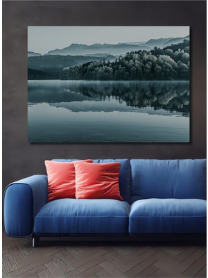 Buz Mavi Göl Manzarası Yağlı Boya Görünümlü Dekoratif Ahşap Ev/işyeri/ofis Kare Tablo