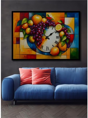 Çerçeve Görünümlü Meyve Şöleni Saat Yağlı Boya Görünümlü Dekoratif Ahşap Ev/işyeri/ofis Kare Tablo
