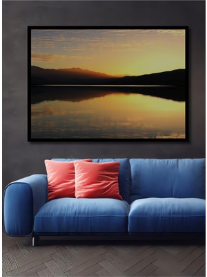 Çerçeve Görünümlü Altın Göl Manzarası Yağlı Boya Görünümlü Dekoratif Ahşap Işyeri/ofis Kare Tablo