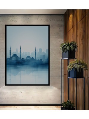 Çerçeve Görünümlü Istanbul Silüeti Sulu Boya Görünümlü Dekoratif Ahşap Ev/işyeri/ofis Kare Tablo