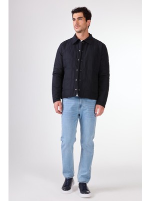 Lacivert Kapitone Slim Fit Çıtçıt Kapamalı Erkek Mont