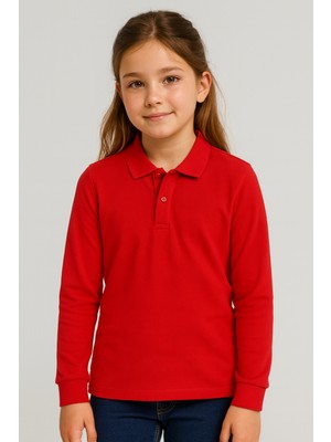 Bilge Trend Kırmızı Okul T-Shirt , Uzun Kollu Polo Yaka Kız Erkek Çocuk Unisex Okul Tişörtü