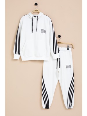 Beyaz Şerit Detaylı Yazı Baskılı Kapüşonlu Erkek Çocuk Eşofman Takımı 21450