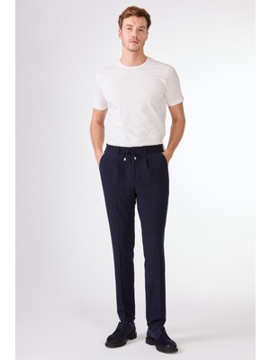 Lacivert Gofre Desen Pileli Jogger Slim Fit Erkek Pantolon